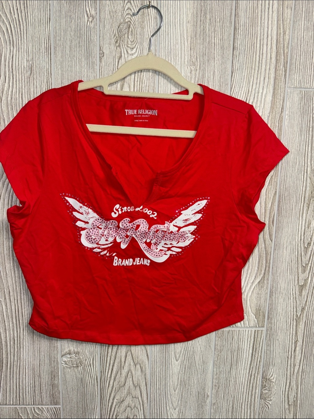 True Religion Red Graphic Wing Logo Crop Tee